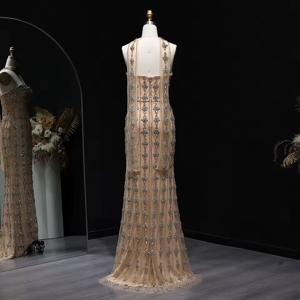 Nude Fitted Gown with Crystal Floral Embellishments and Shawl