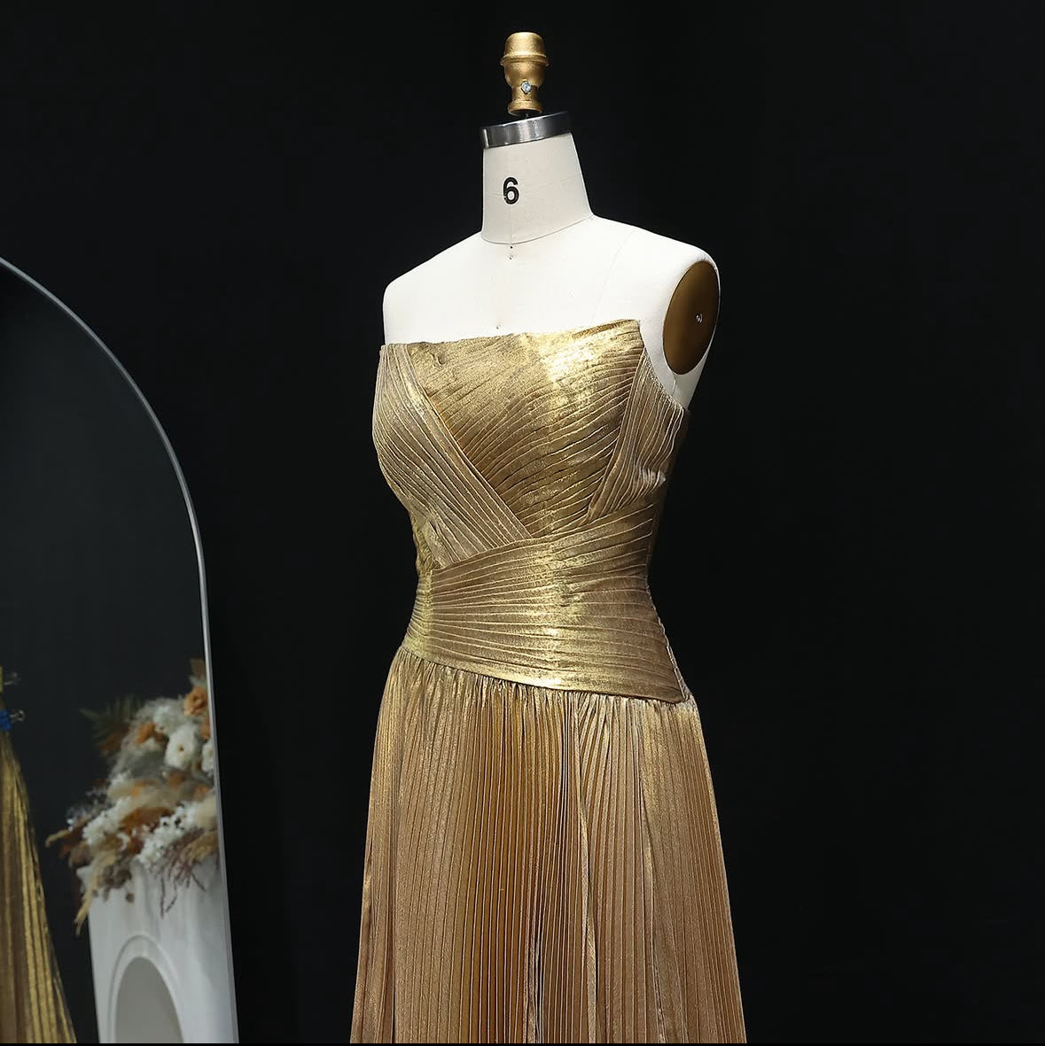 “Gleaming Gold” Gown – Strapless Metallic Pleated Dress with Sculpted Corset Bodice