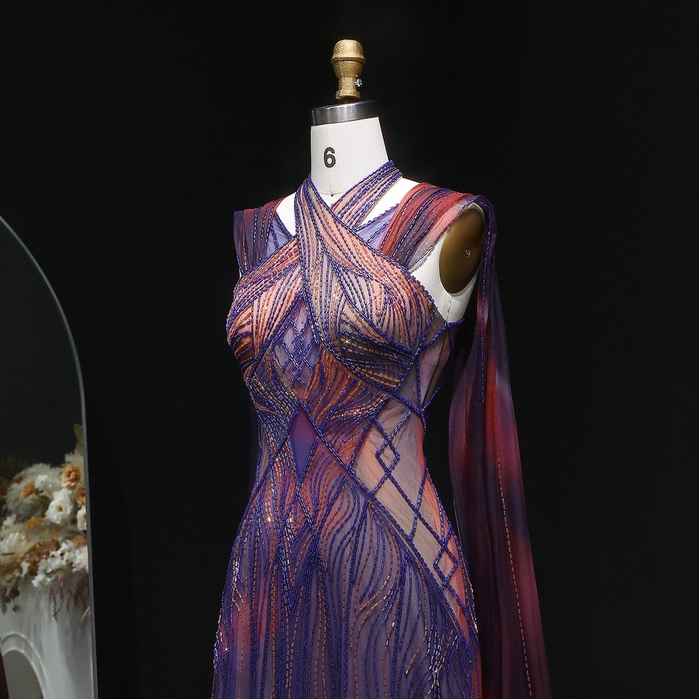 “Sunset Glow” Gown Hand Embroidered Luxury Dress in Violet & Fire Tones with Flowing Cape
