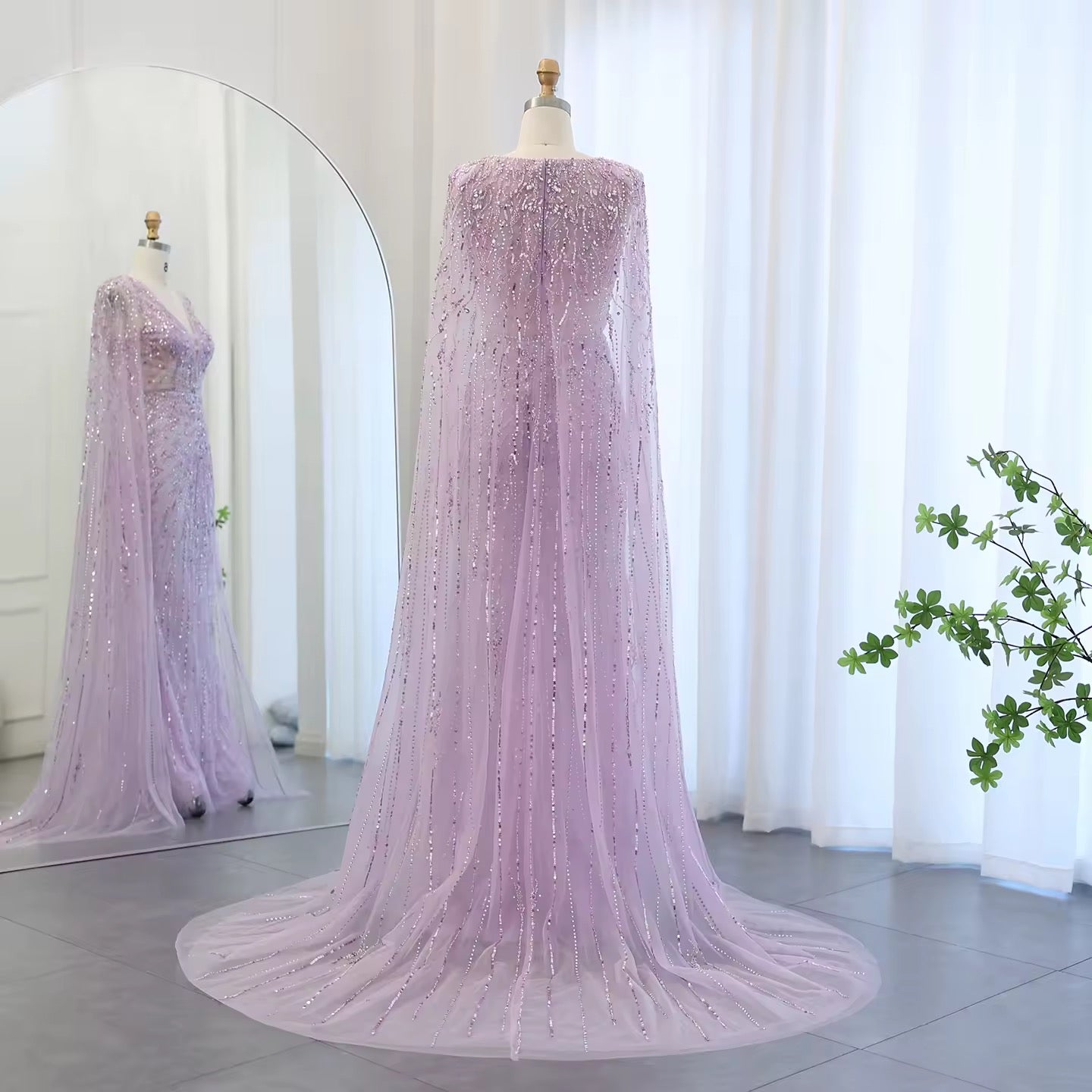 Luxury Evening Dress with Cape V-Neck