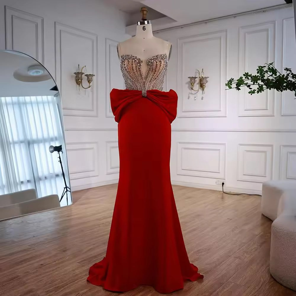 Red Evening Gown with Statement Bow & Luxurious Beading