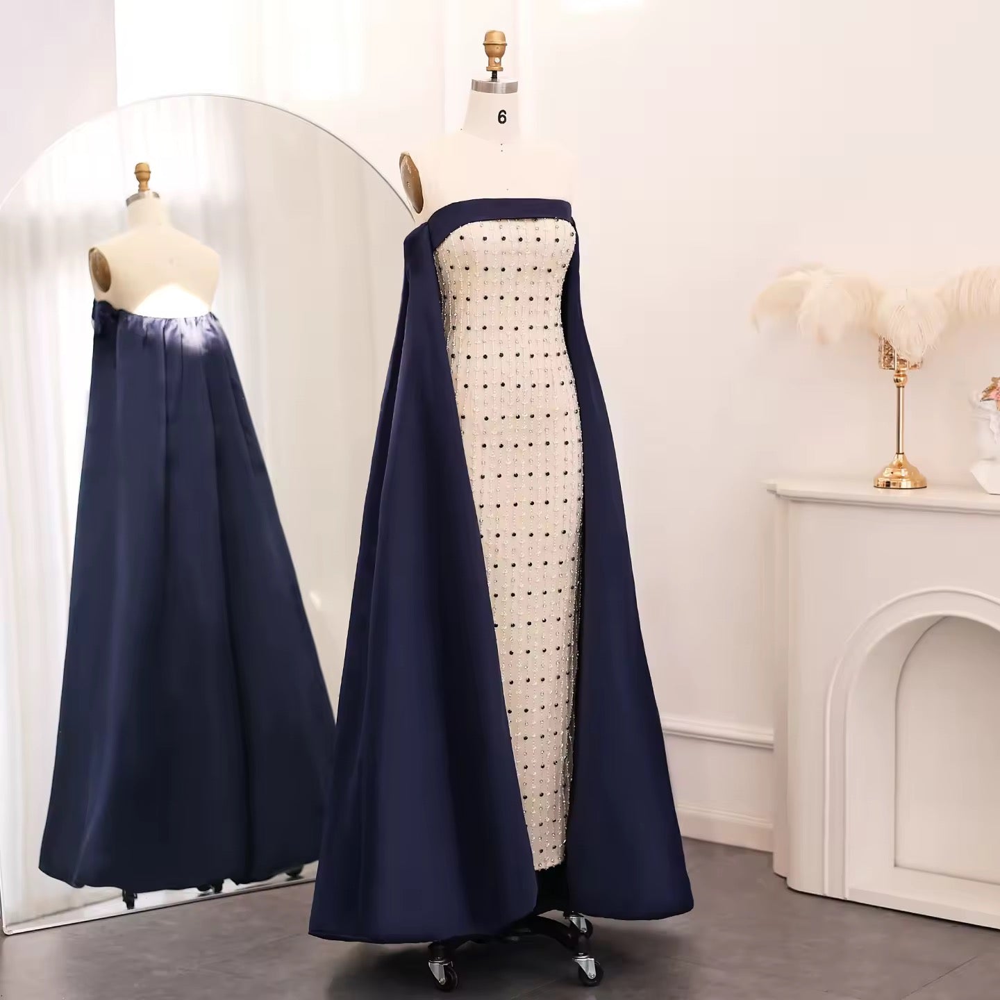 Navy Blue White Strapless Luxury Evening Dress with Cape Midi