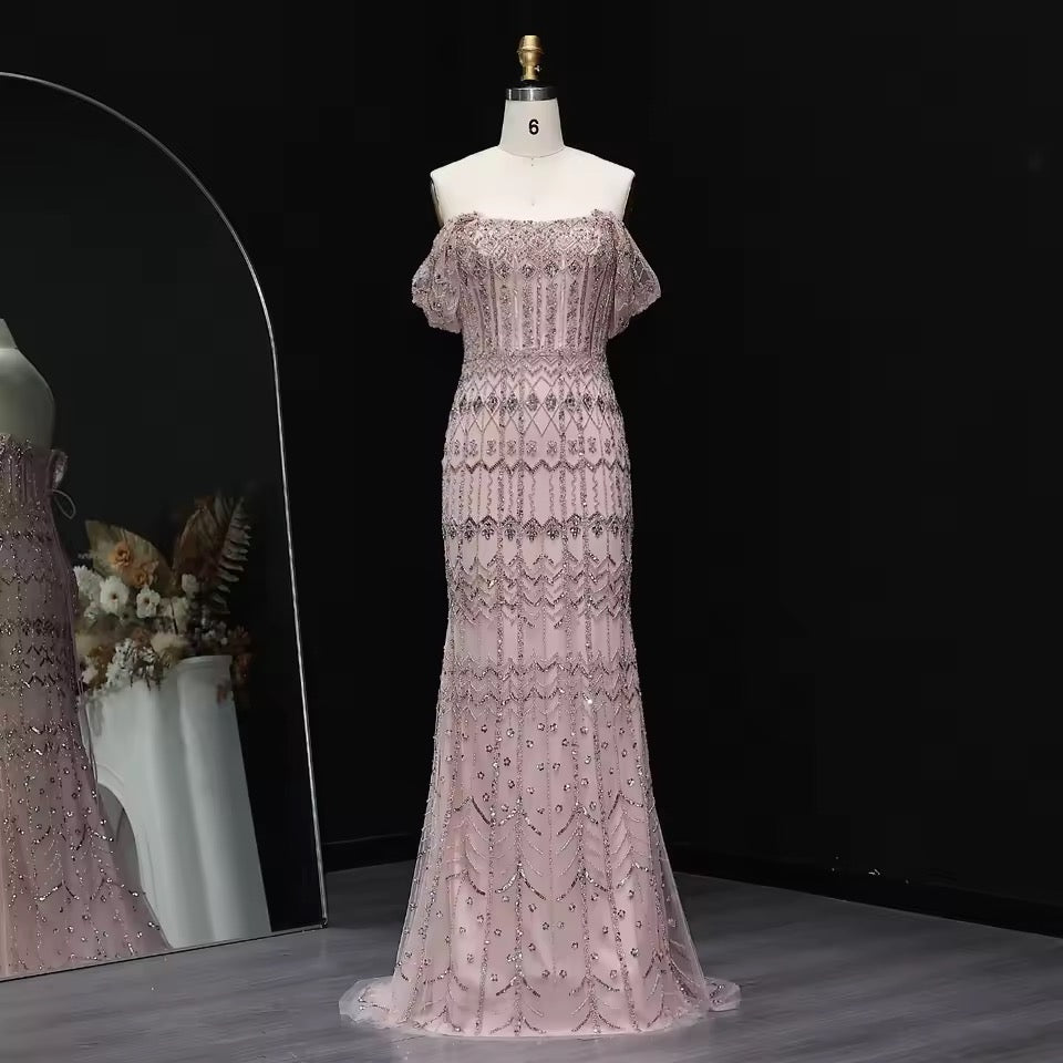 Crystal Glow” Gown – Off-shoulder embellished evening dress, available in two sleeve styles