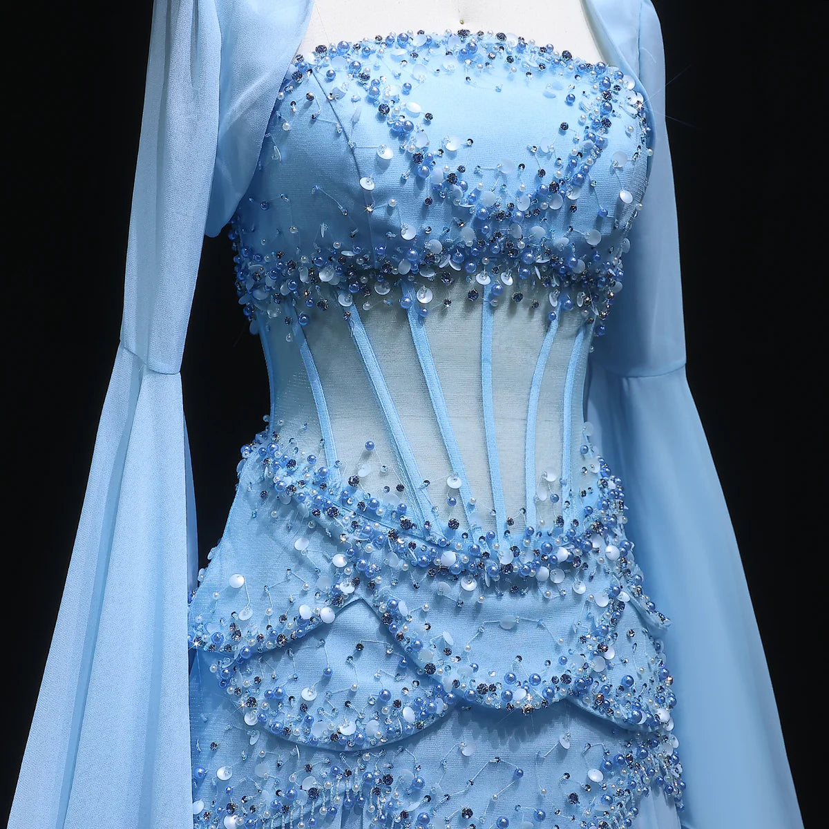 Sky Blue Layered Corset Dress with Pearls and Beads