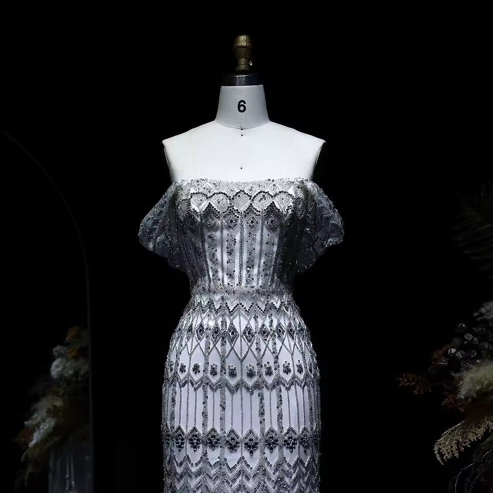 Crystal Glow” Gown – Off-shoulder embellished evening dress, available in two sleeve styles