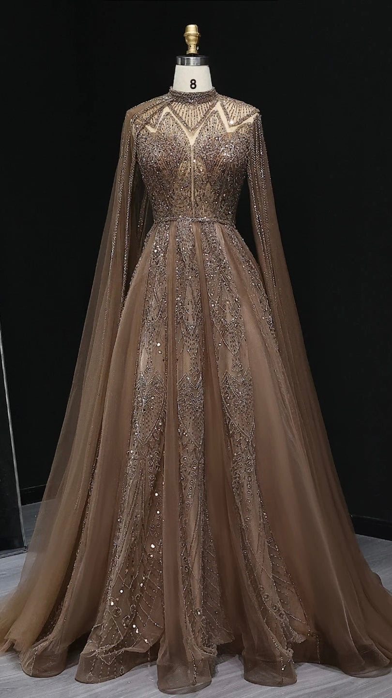 Luxury Evening Dress with Cape Sleeves Brown