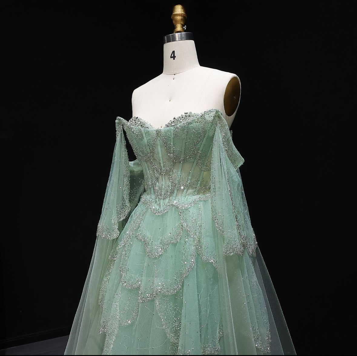 Luxury Sage Green Off-Shoulder Evening Gown with Cape Sleeves