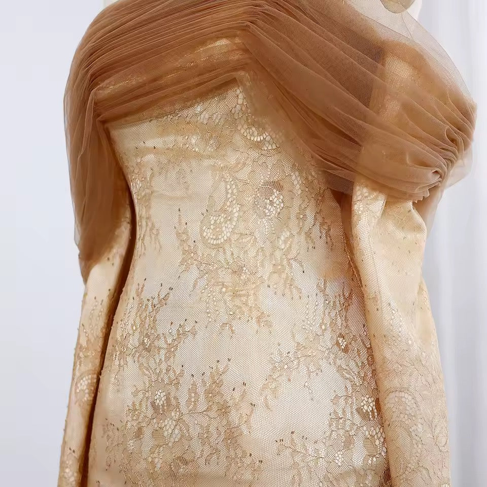Draped Tulle & Lace Gown with Sheer Flow Cape