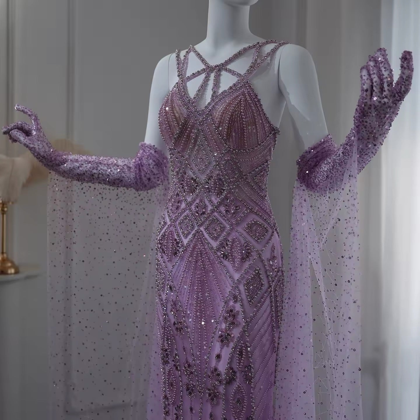 Luxury Lilac Evening Dress with Gloves Cape Sleeves Long Straight