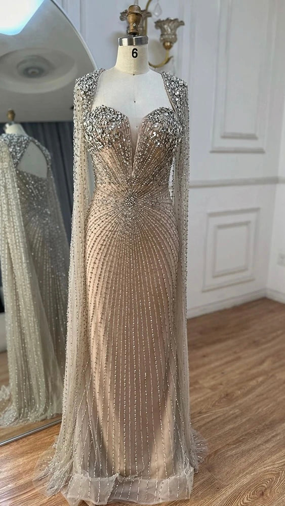 Silver Nude Cape Sleeves Beaded Evening Dress