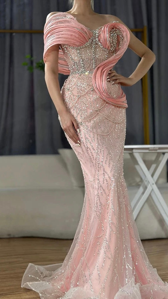 Pink Mermaid Sleeveless Beaded Evening Dress