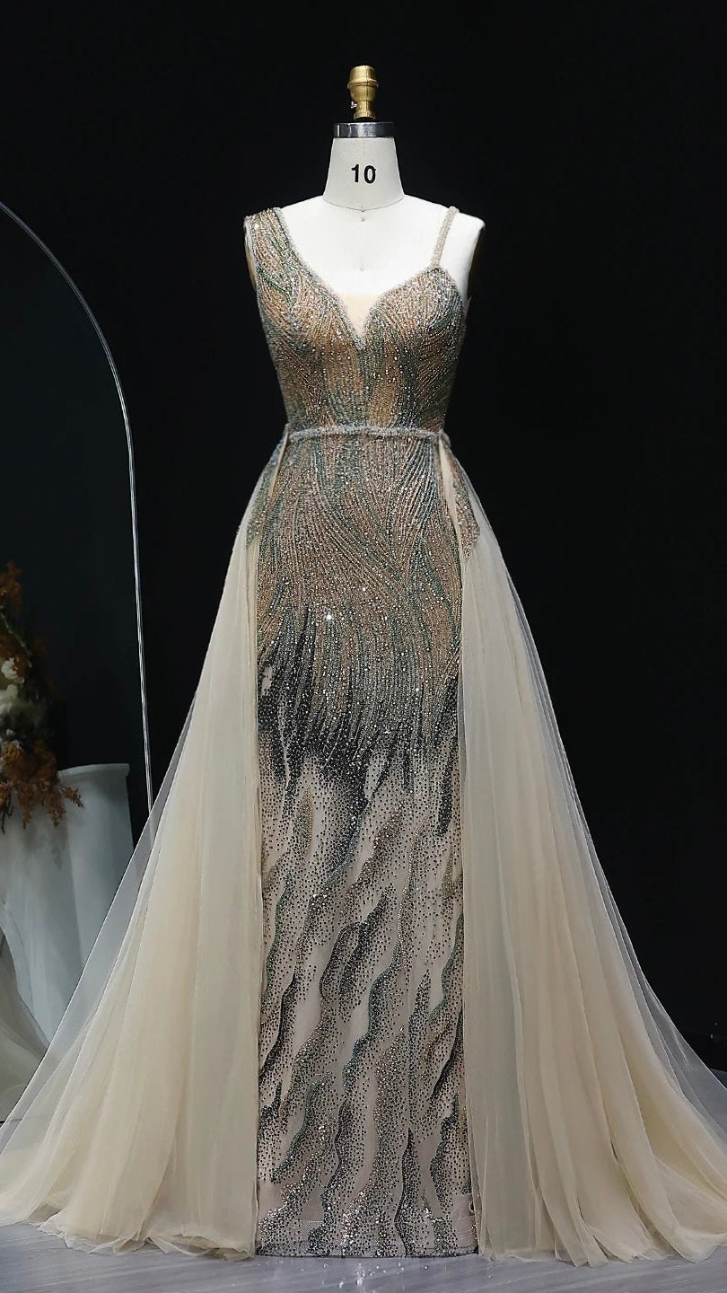 Luxury Dusty Pink Champagne Evening Dresses with Overskirt