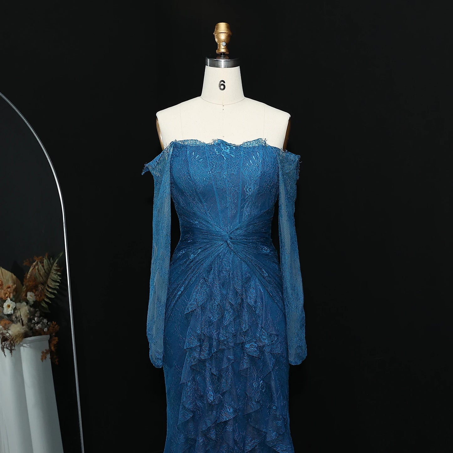 Lace Off Shoulder Evening Dress with Long Sleeves
