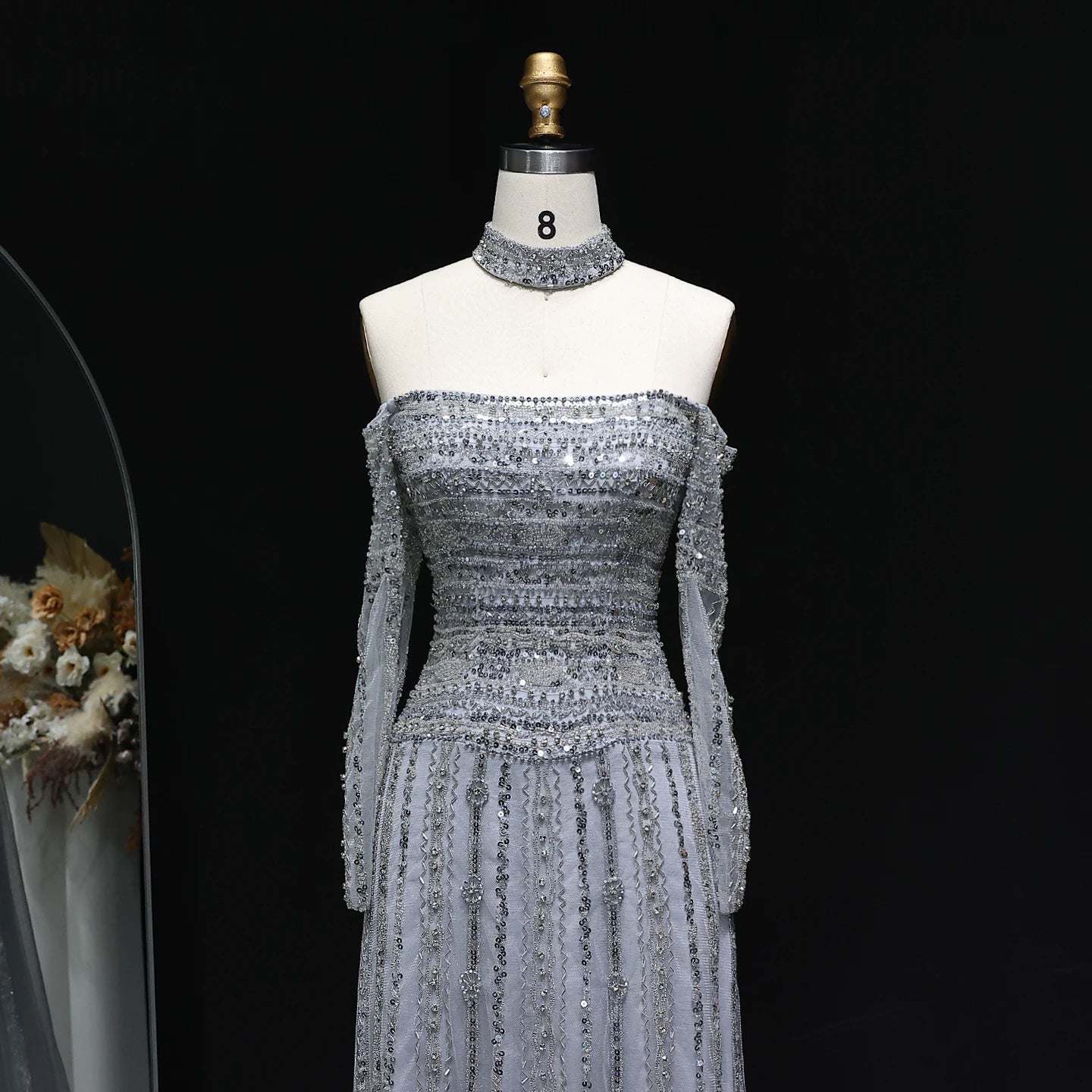 Heavy Beaded Elegant Off Shoulder Evening Dress with Choker Long Sleeves