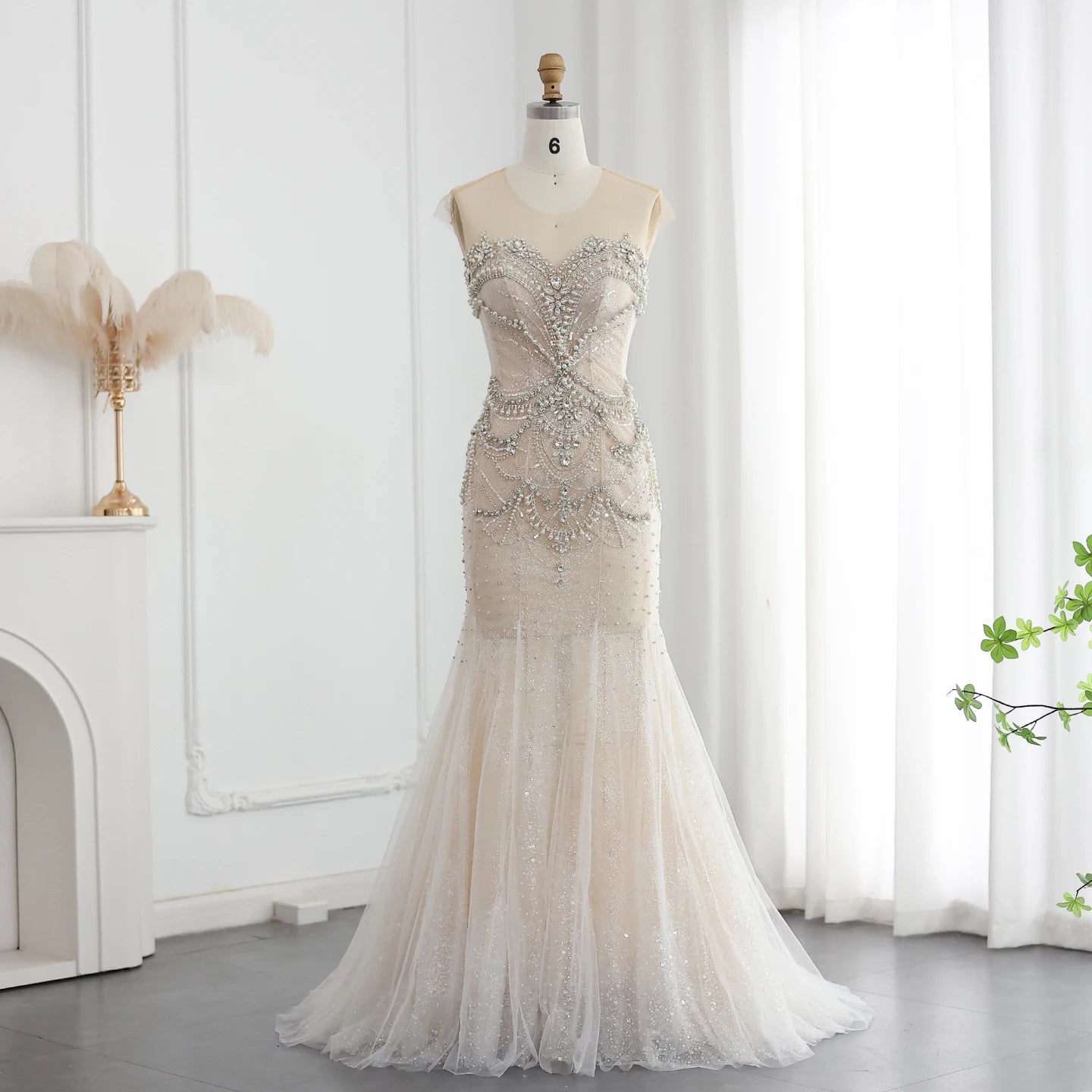 Luxury Crystal Pearls White Nude Mermaid Wedding Dress