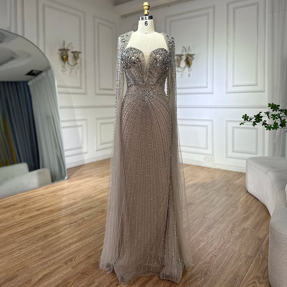 Silver Nude Cape Sleeves Beaded Evening Dress