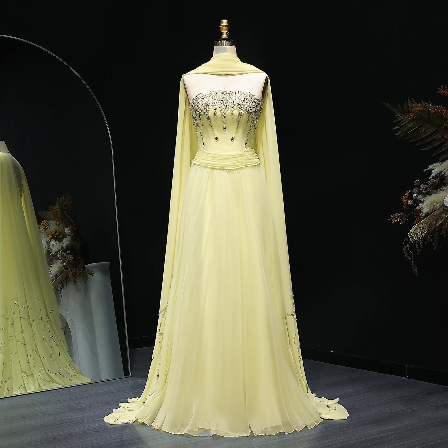 Elegant Strapless Yellow Evening Dress with Cape Luxury Crystal