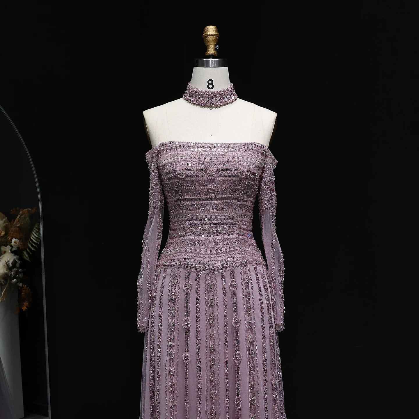 Heavy Beaded Elegant Off Shoulder Evening Dress with Choker Long Sleeves