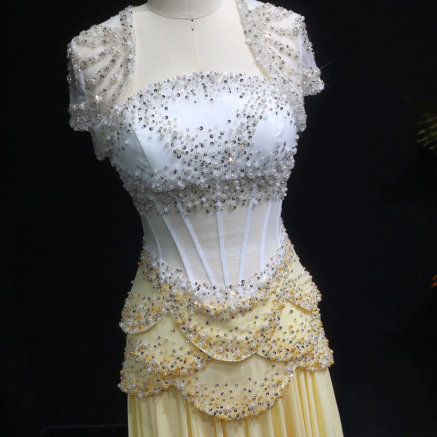 Elegant White & Yellow Chiffon Corset Dress with Short-Sleeve Jacket