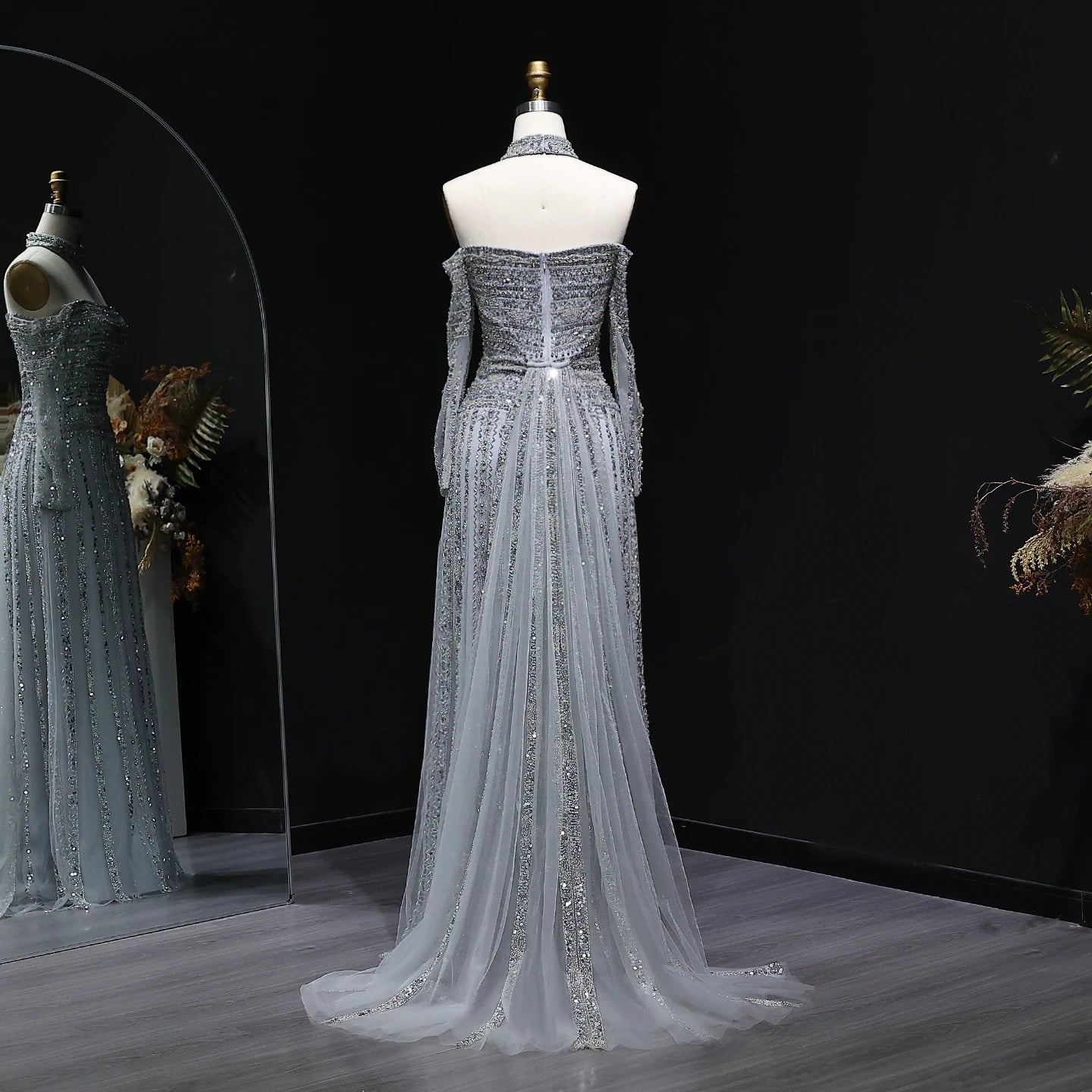 Heavy Beaded Elegant Off Shoulder Evening Dress with Choker Long Sleeves