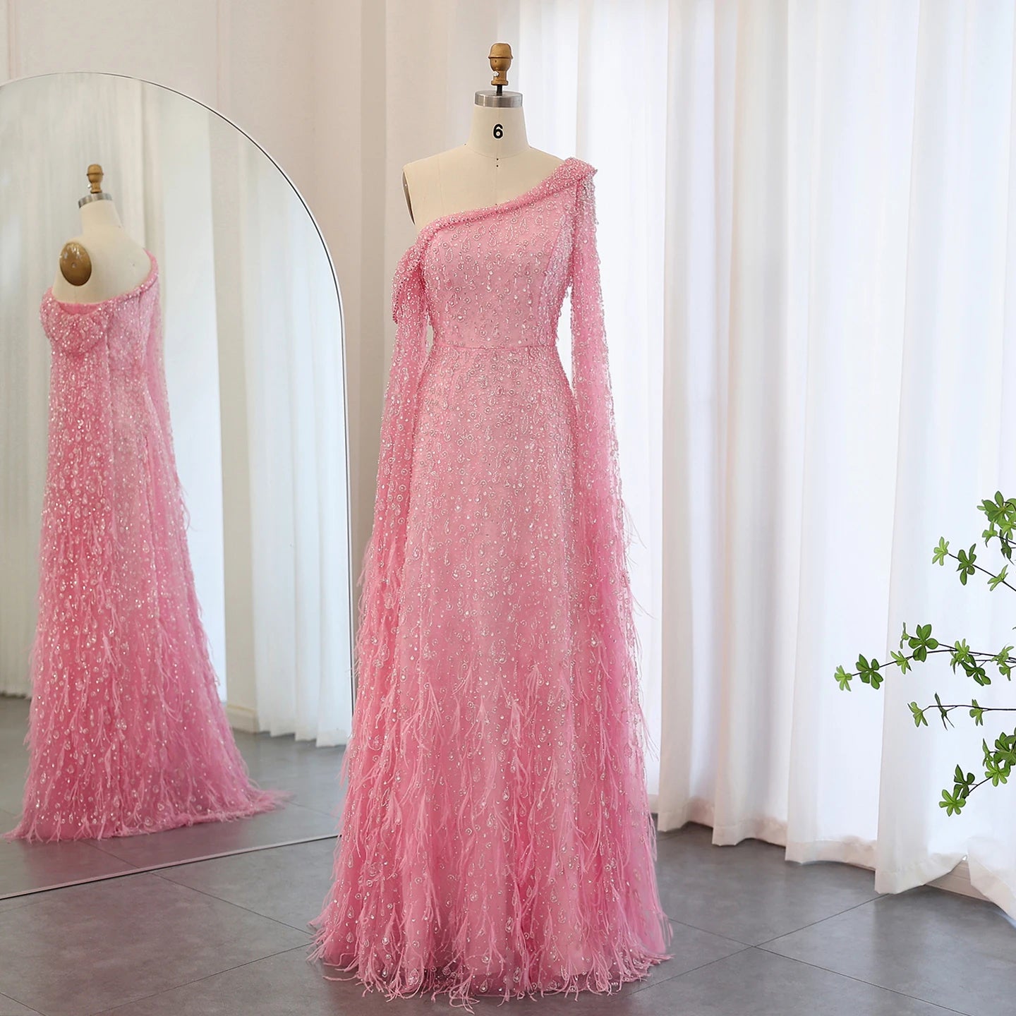 Luxury Feather One Shoulder Evening Dress with Cape Sleeve