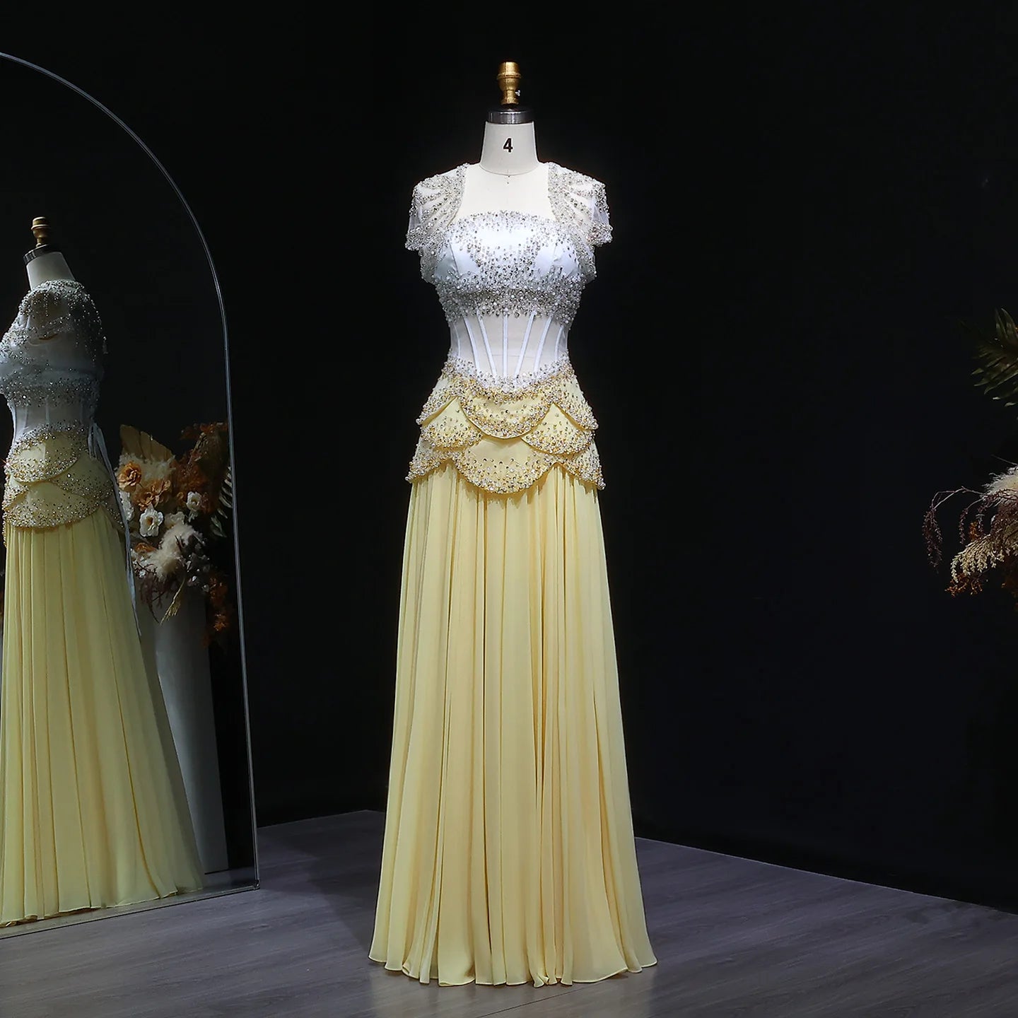 Elegant White & Yellow Chiffon Corset Dress with Short-Sleeve Jacket