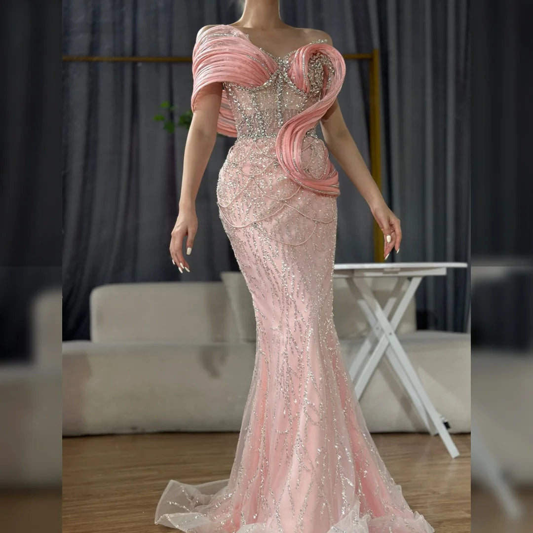 Pink Mermaid Sleeveless Beaded Evening Dress