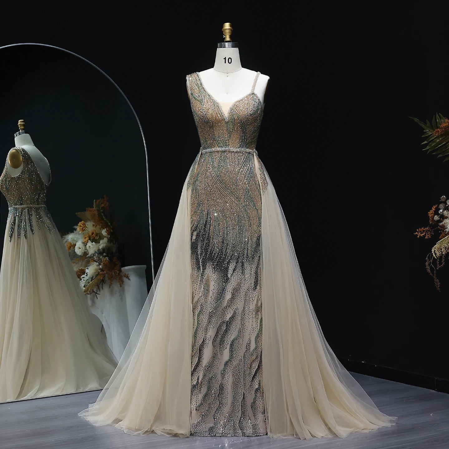 Luxury Dusty Pink Champagne Evening Dresses with Overskirt