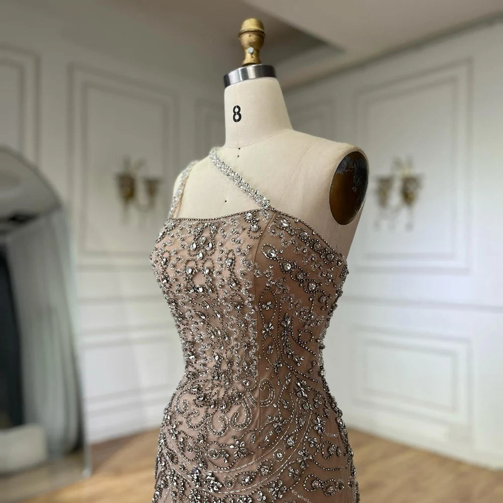 Elegant Nude One Shoulder Beaded Evening Dresses Gowns for Formal Occasion 2024 Customized