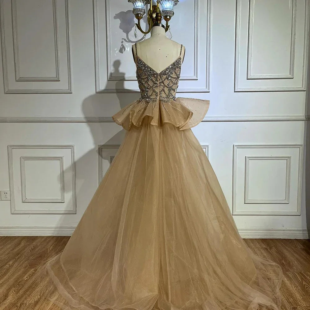 Customized 2025 Nude Saudi Beaded Spaghetti Strap Evening Dresses Gowns with Overskirt for Formal Occasion