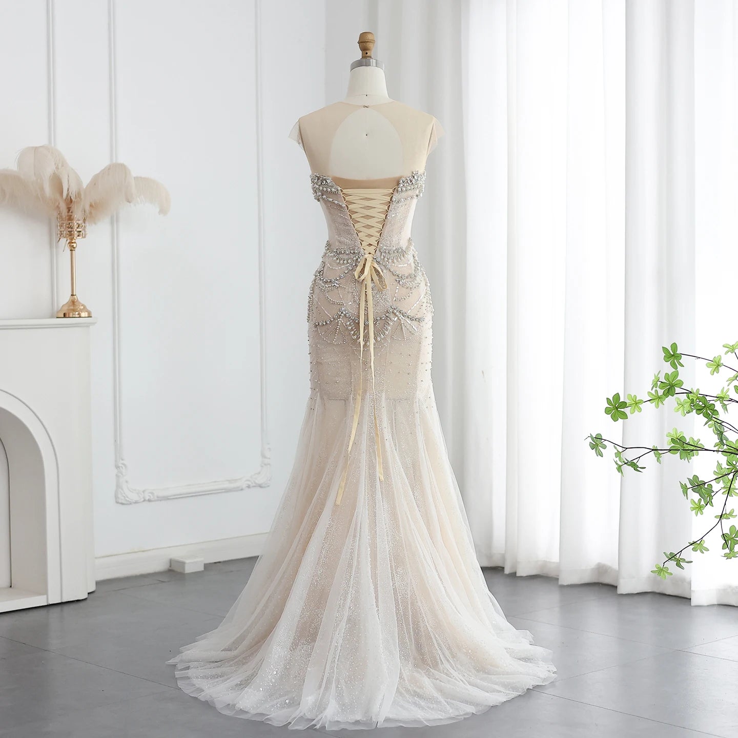 Luxury Crystal Pearls White Nude Mermaid Wedding Dress