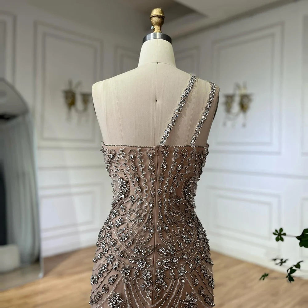 Elegant Nude One Shoulder Beaded Evening Dresses Gowns for Formal Occasion 2024 Customized