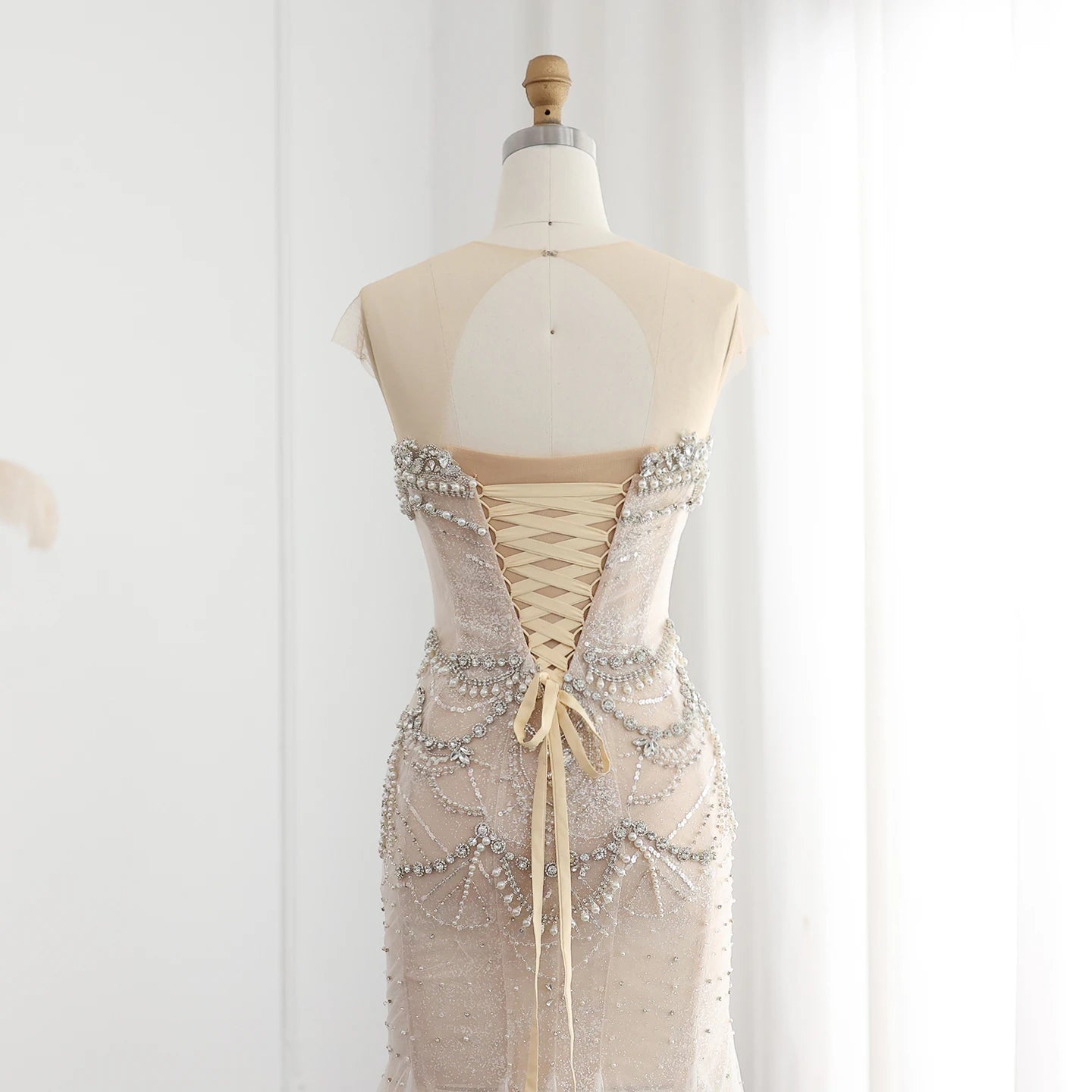 Luxury Crystal Pearls White Nude Mermaid Wedding Dress