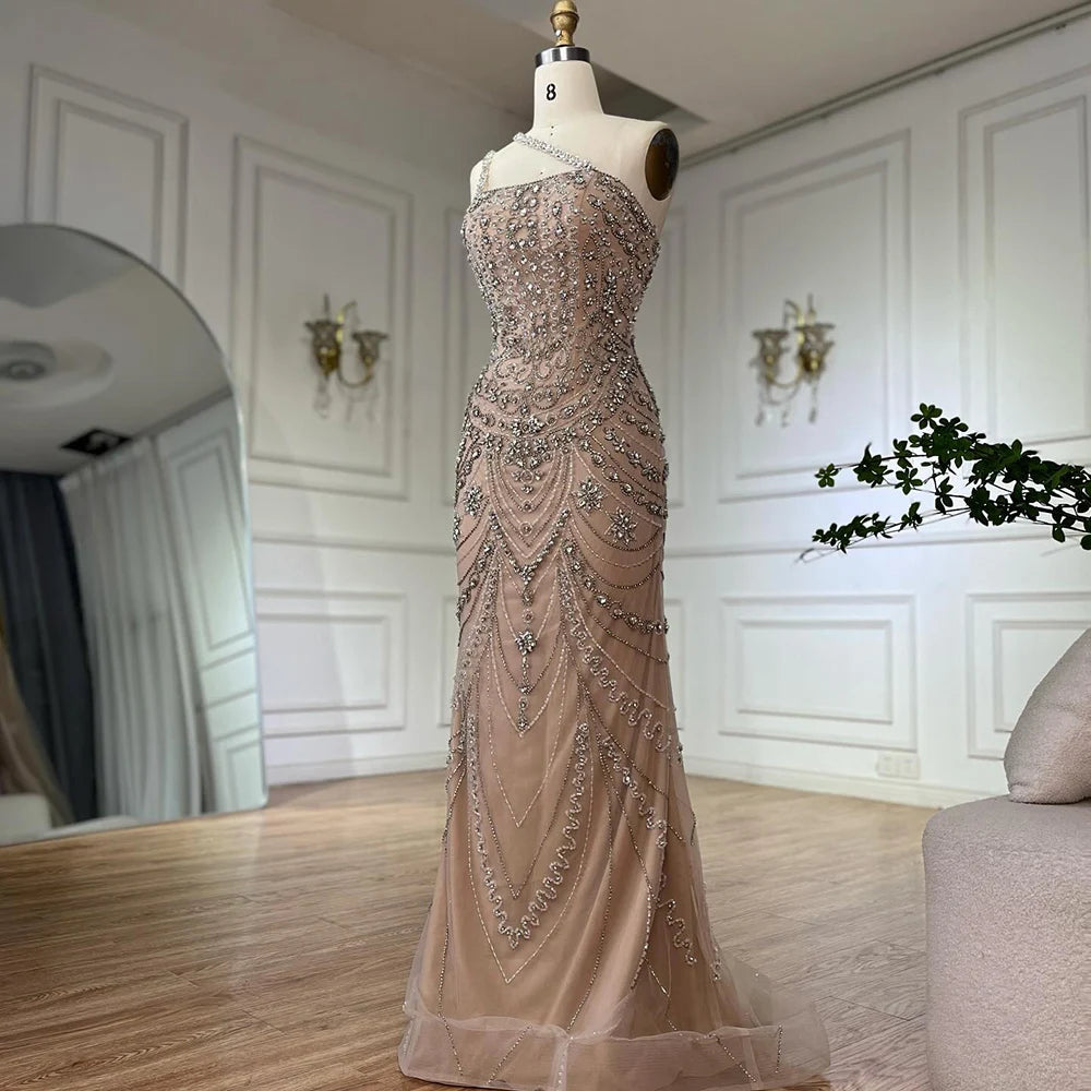 Elegant Nude One Shoulder Beaded Evening Dresses Gowns for Formal Occasion 2024 Customized