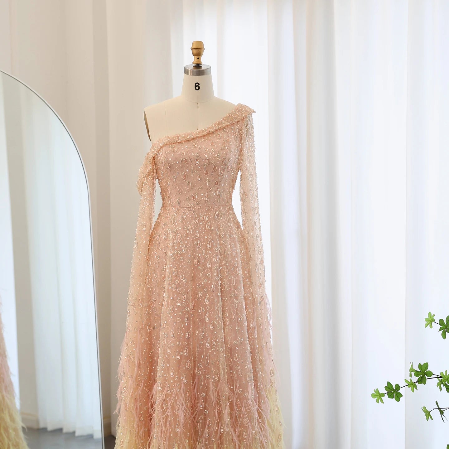 Luxury Feather One Shoulder Evening Dress with Cape Sleeve