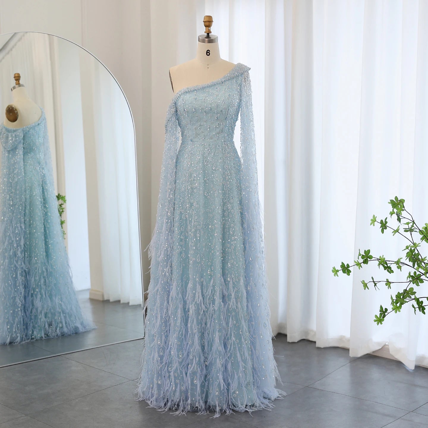 Luxury Feather One Shoulder Evening Dress with Cape Sleeve