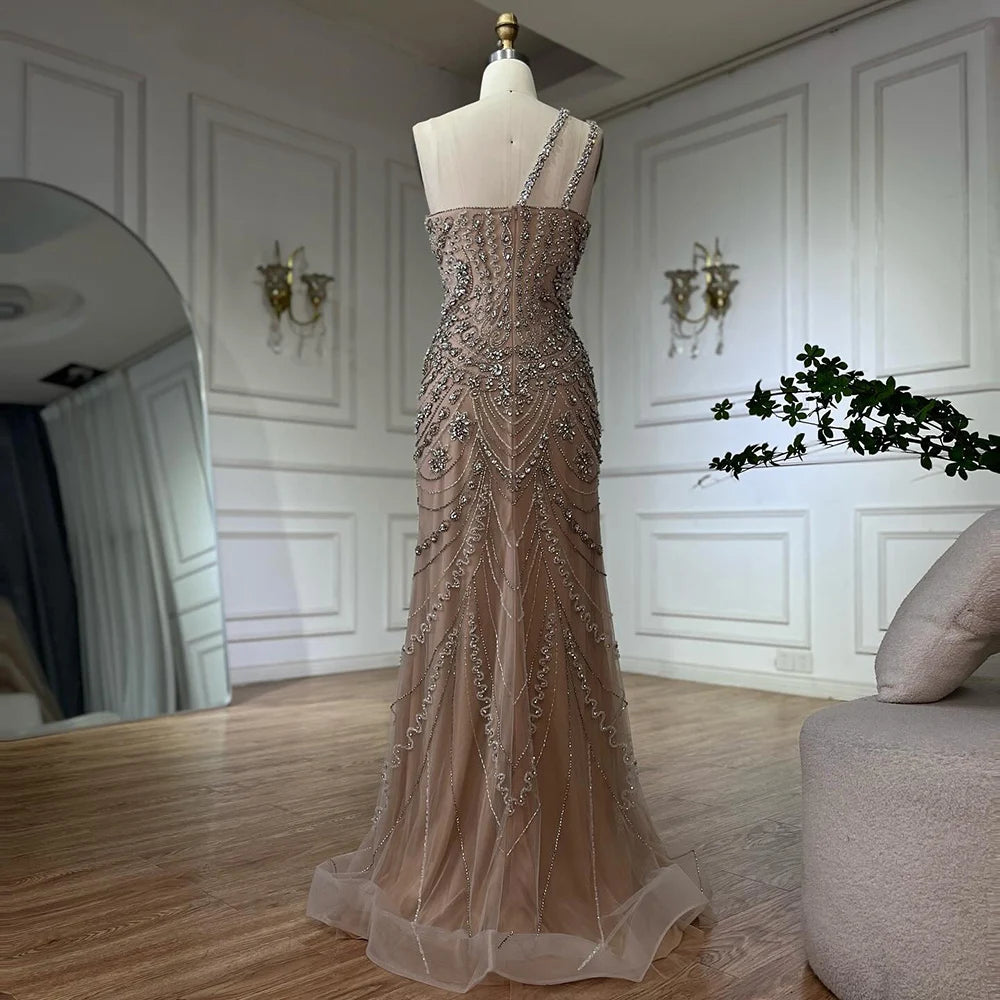 Elegant Nude One Shoulder Beaded Evening Dresses Gowns for Formal Occasion 2024 Customized