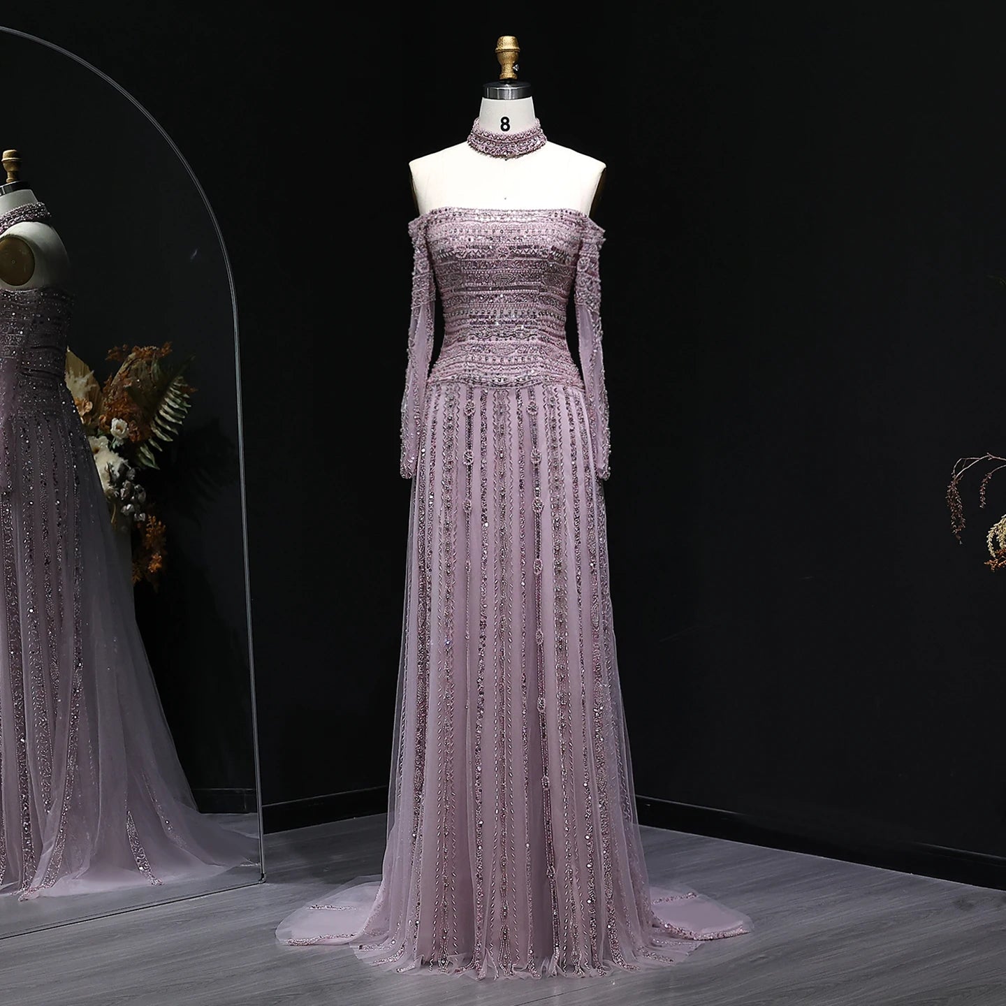 Heavy Beaded Elegant Off Shoulder Evening Dress with Choker Long Sleeves