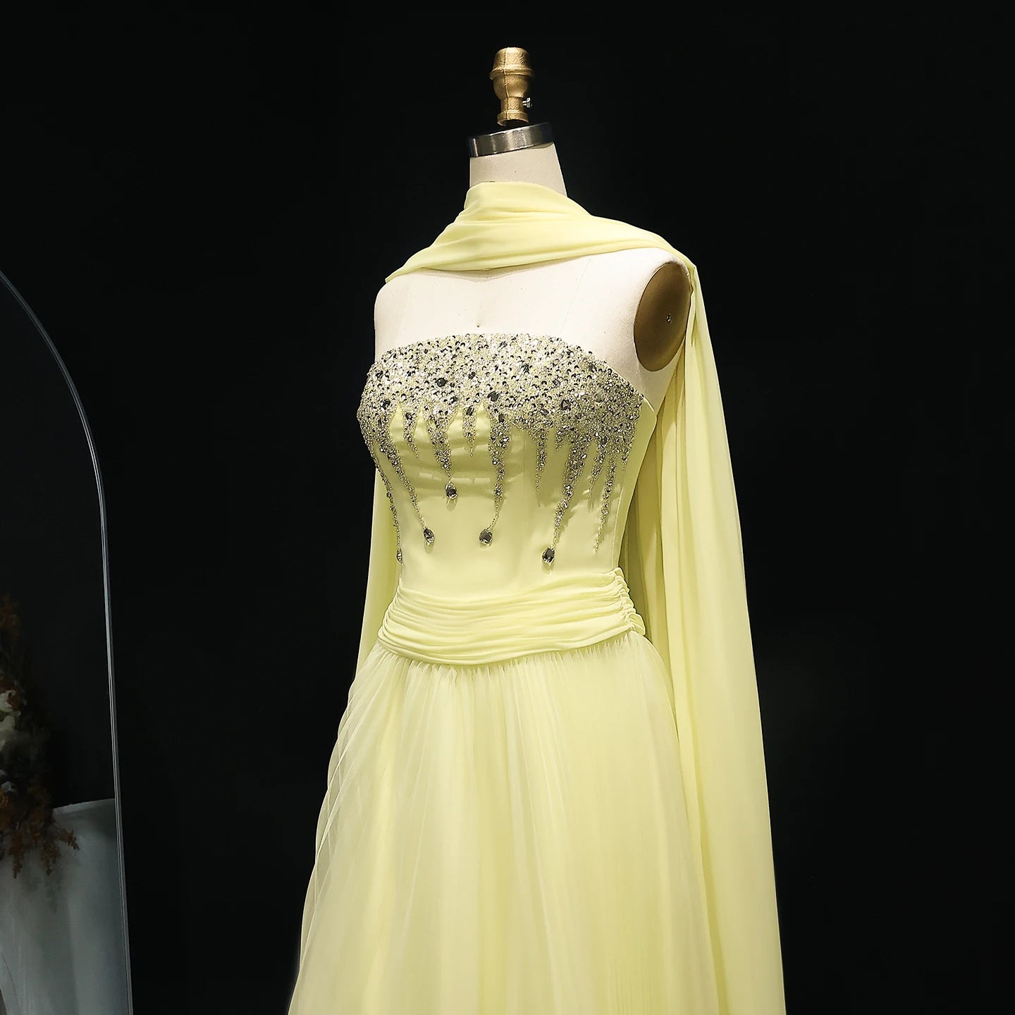 Elegant Strapless Yellow Evening Dress with Cape Luxury Crystal