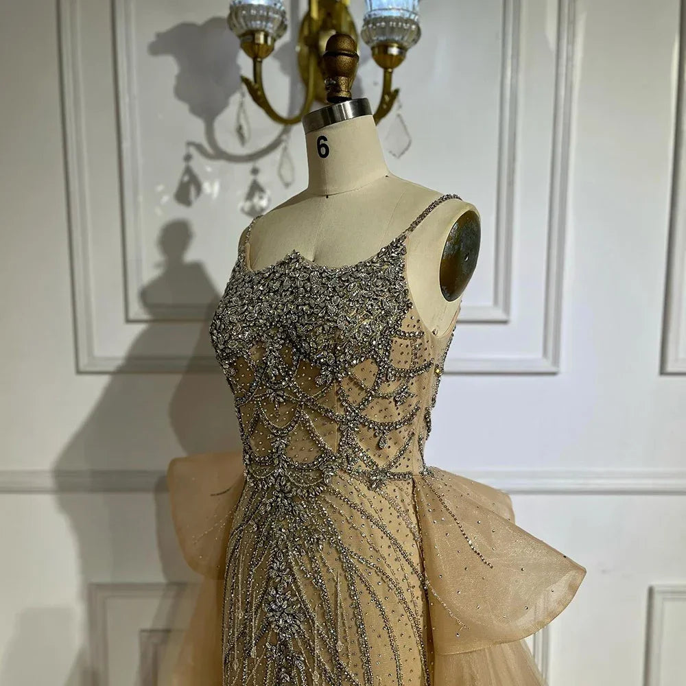 Customized 2025 Nude Saudi Beaded Spaghetti Strap Evening Dresses Gowns with Overskirt for Formal Occasion