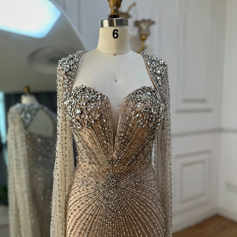 Silver Nude Cape Sleeves Beaded Evening Dress