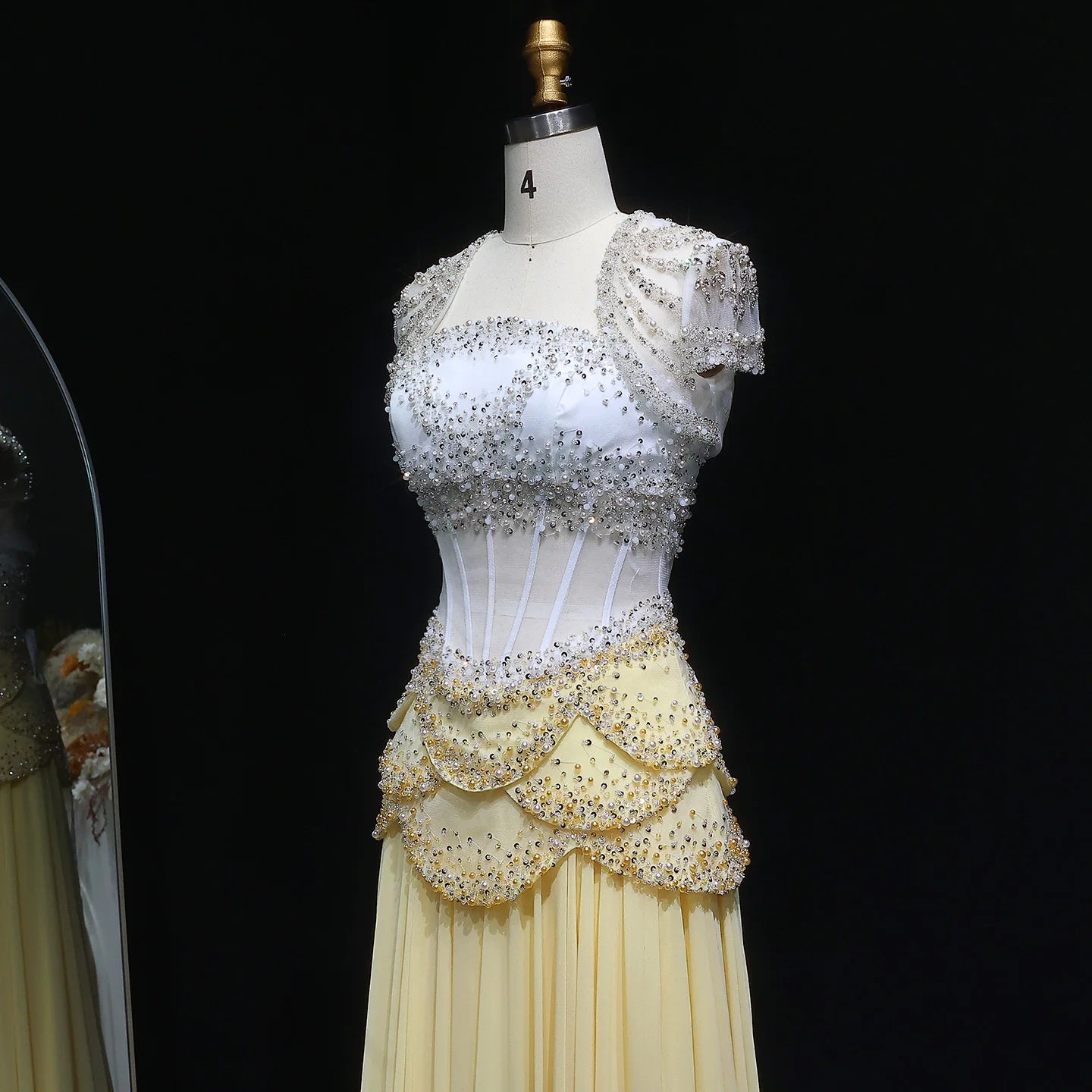 Elegant White & Yellow Chiffon Corset Dress with Short-Sleeve Jacket