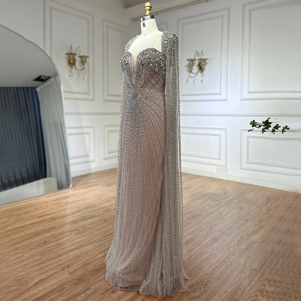 Silver Nude Cape Sleeves Beaded Evening Dress