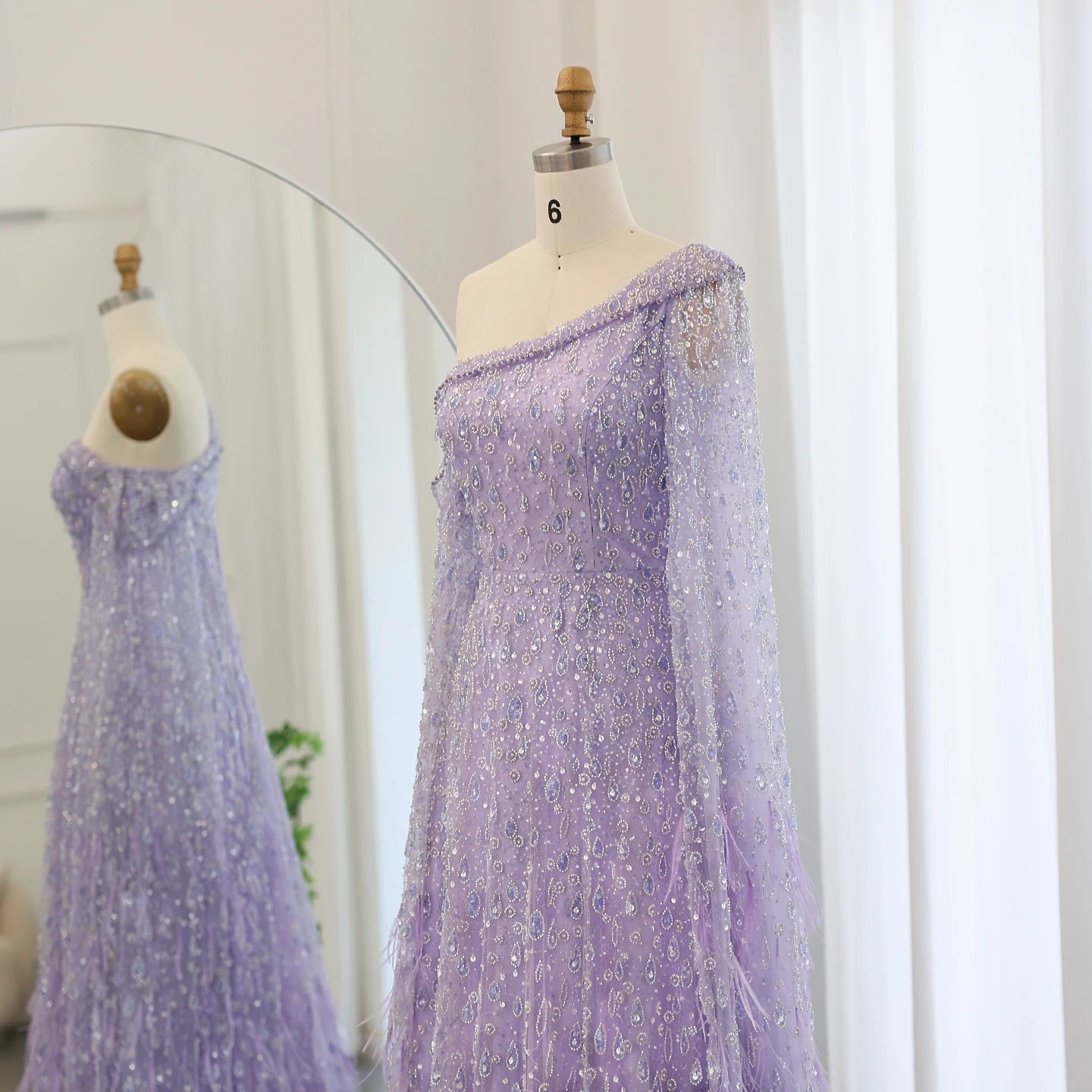 Luxury Feather One Shoulder Evening Dress with Cape Sleeve