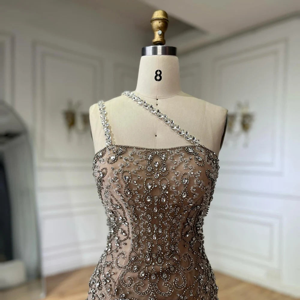 Elegant Nude One Shoulder Beaded Evening Dresses Gowns for Formal Occasion 2024 Customized
