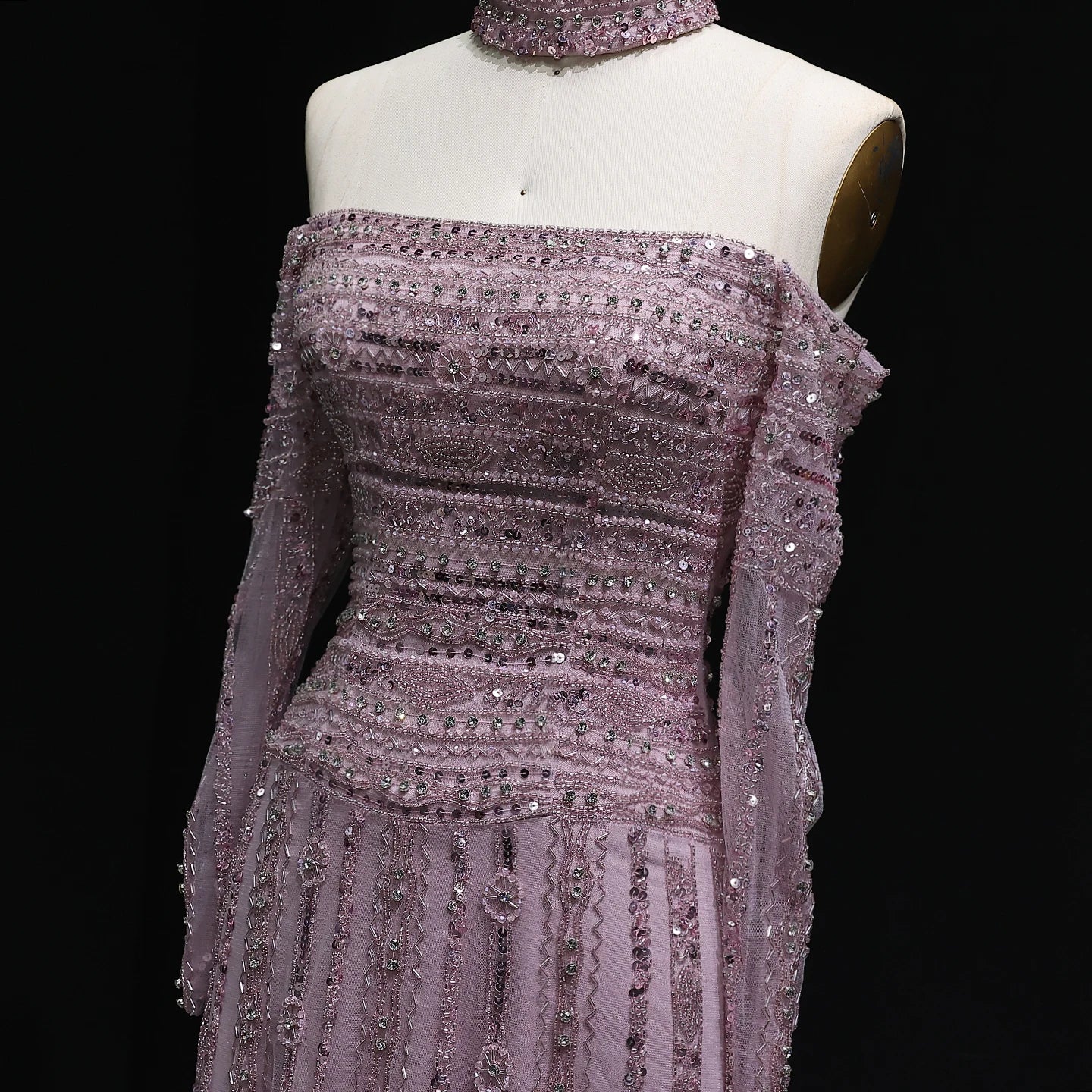 Heavy Beaded Elegant Off Shoulder Evening Dress with Choker Long Sleeves