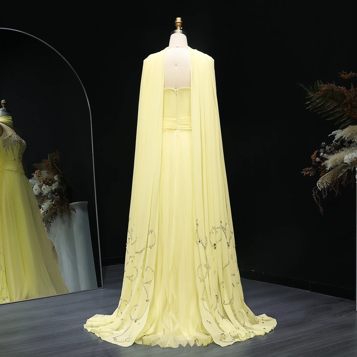 Elegant Strapless Yellow Evening Dress with Cape Luxury Crystal