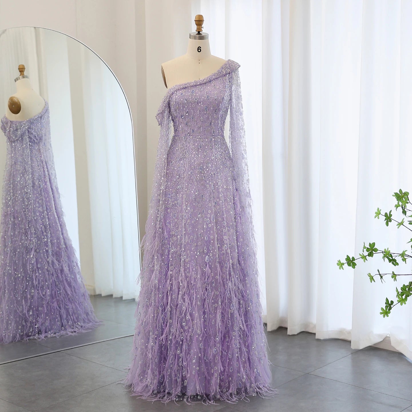 Luxury Feather One Shoulder Evening Dress with Cape Sleeve