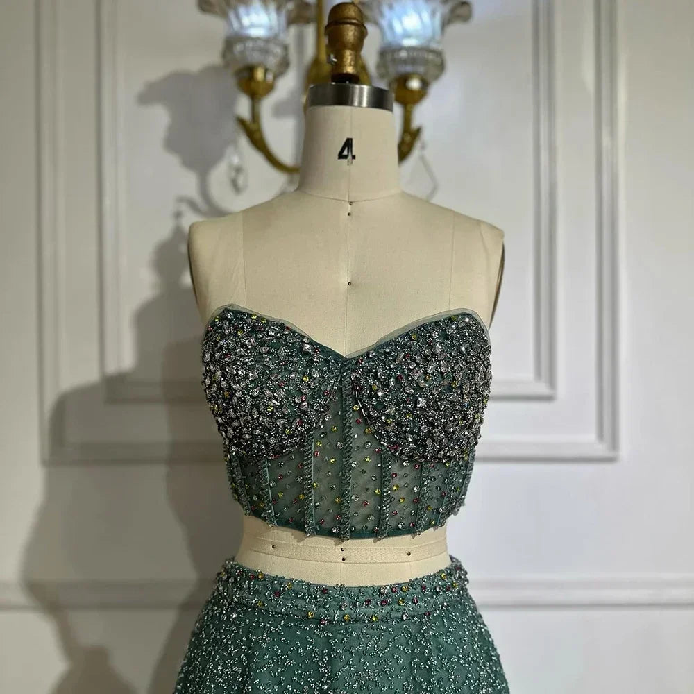 Turquoise Emerald Two-Piece Beaded Gown – Strapless Formal Evening Set
