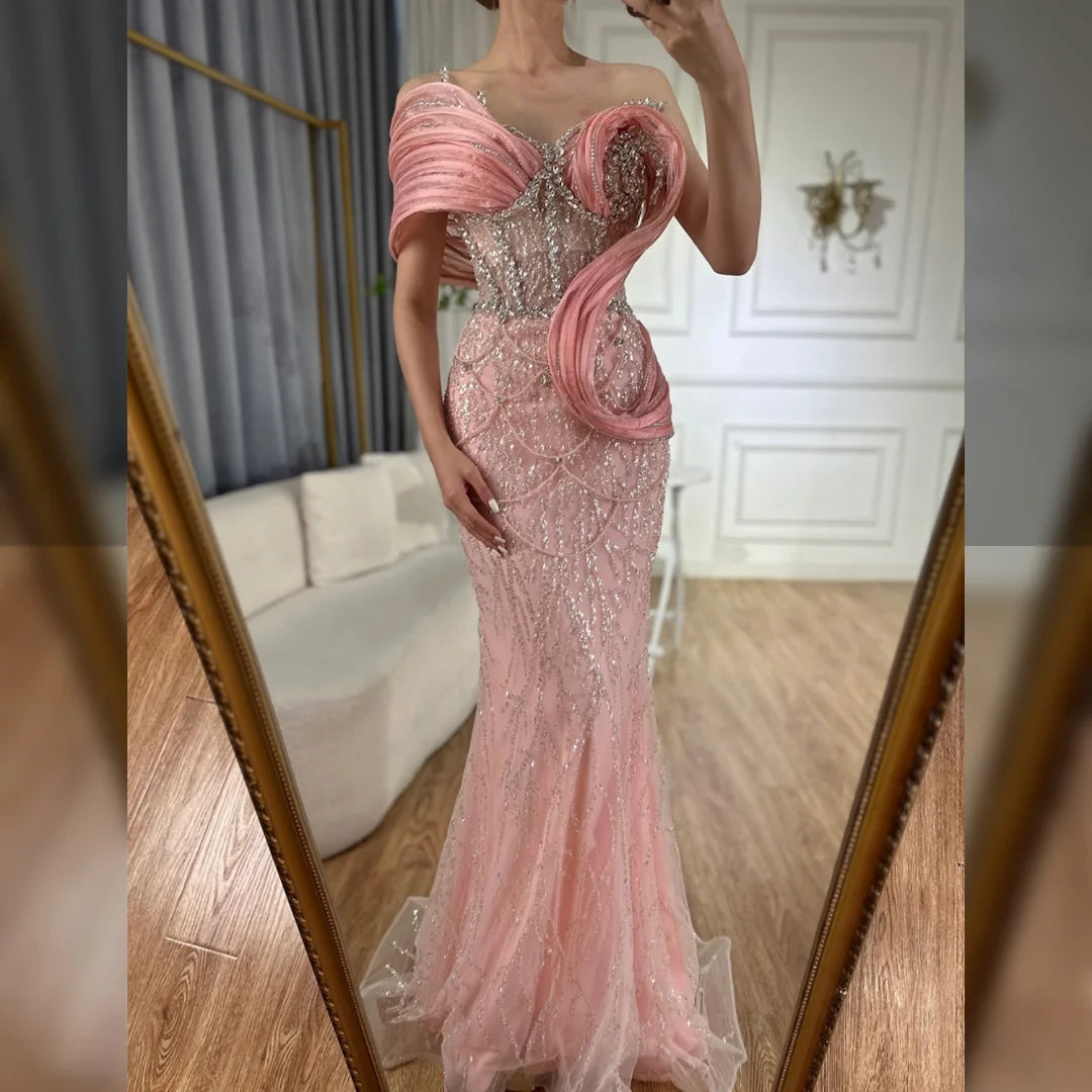 Pink Mermaid Sleeveless Beaded Evening Dress